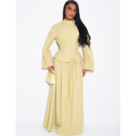 Long, full-skirted set with a fitted button-down top