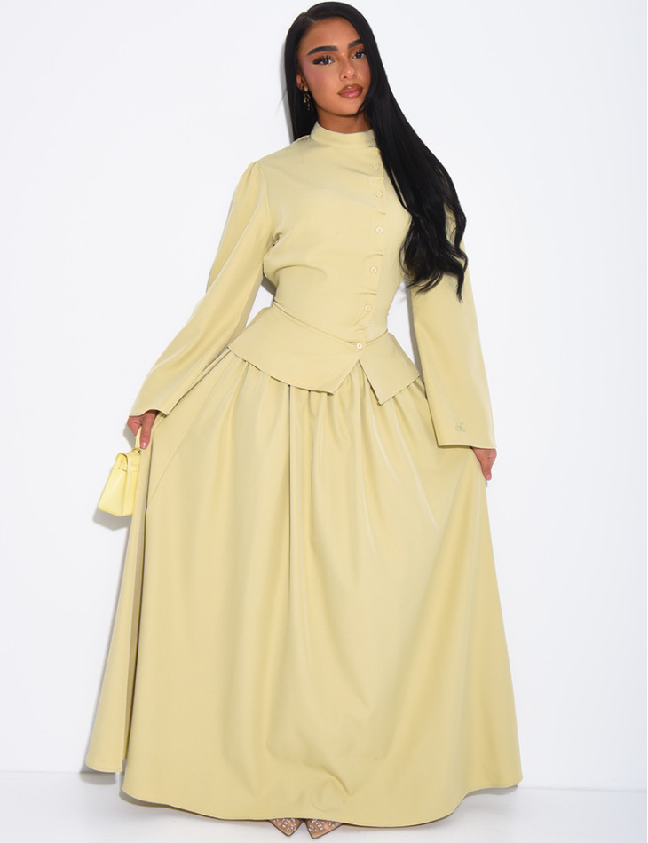 Long, full-skirted set with a fitted button-down top