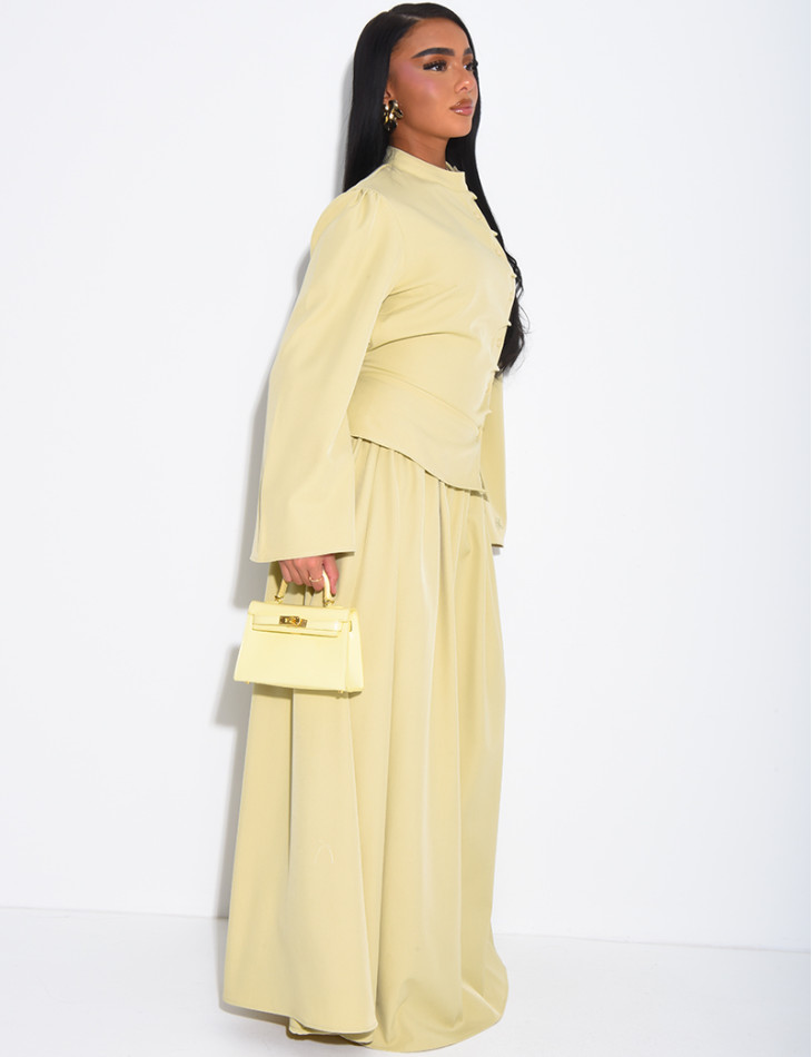 Long, full-skirted set with a fitted button-down top