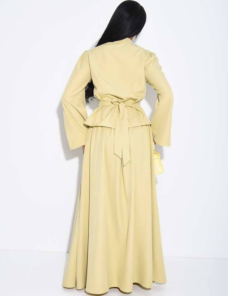 Long, full-skirted set with a fitted button-down top