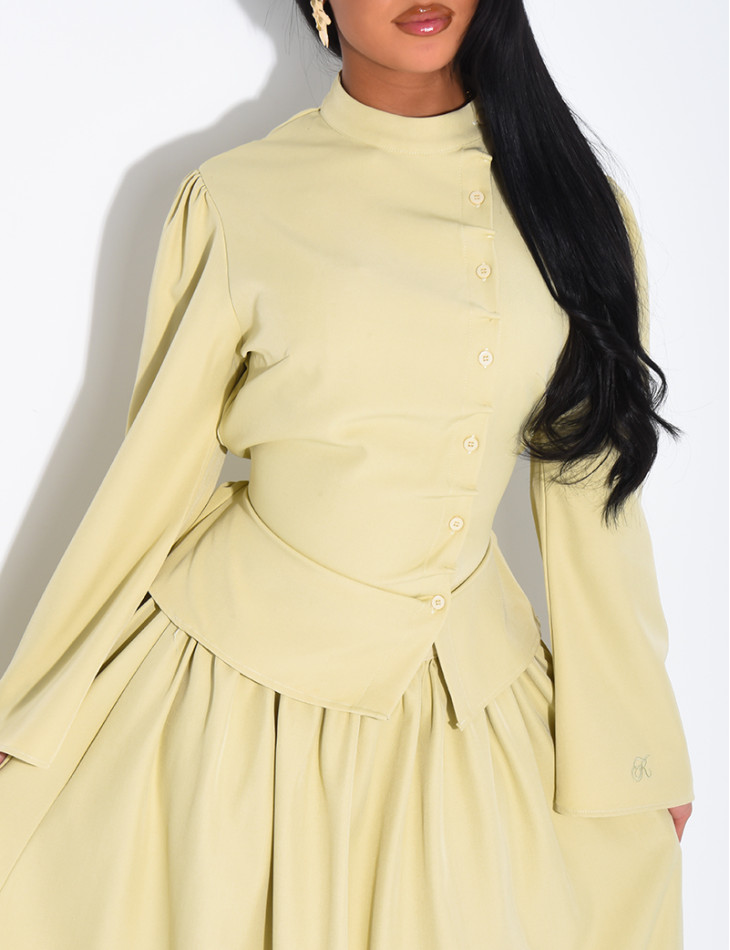 Long, full-skirted set with a fitted button-down top