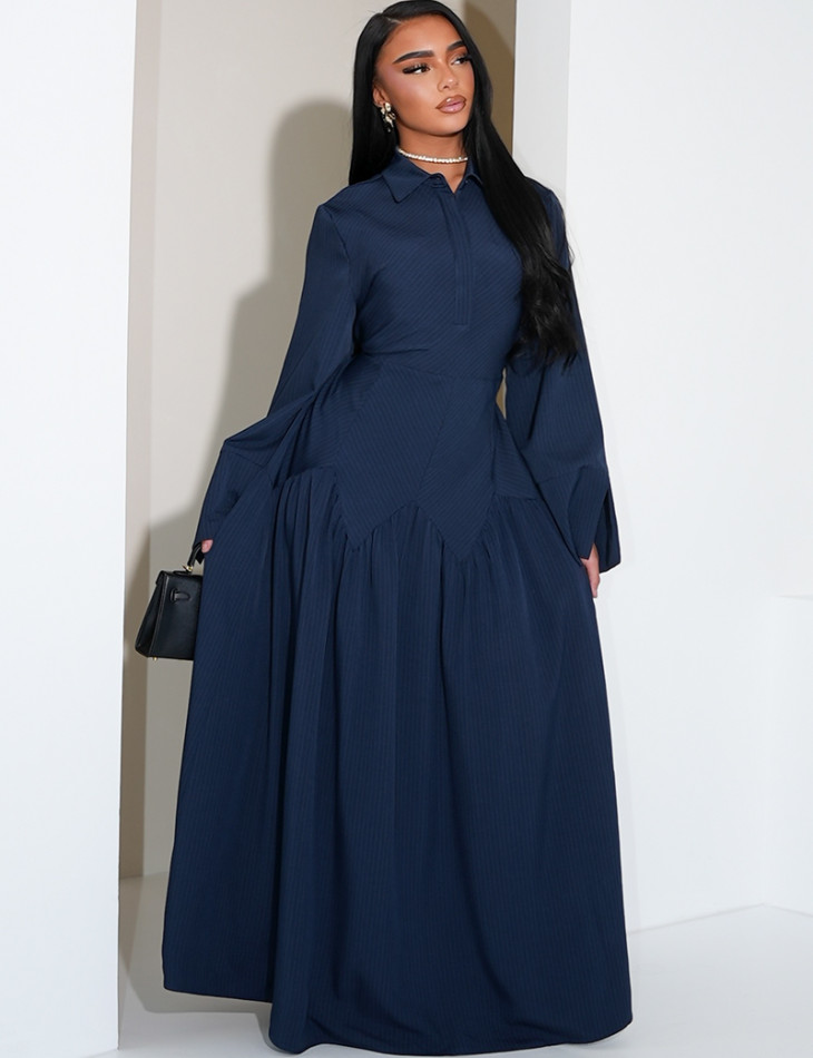 Robe longue rayée à col chemise