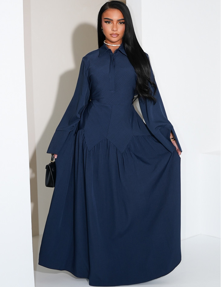 Robe longue rayée à col chemise