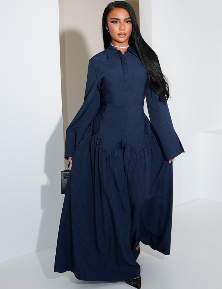 Robe longue rayée à col chemise