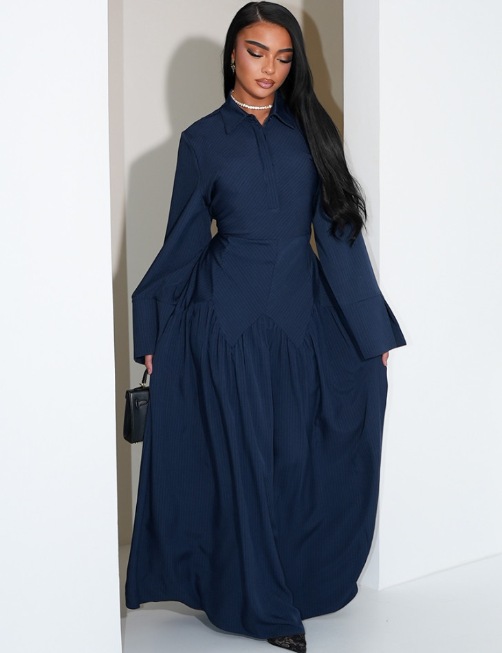 Robe longue rayée à col chemise