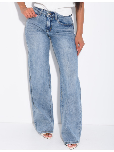 Low-rise, wide-leg faded jeans