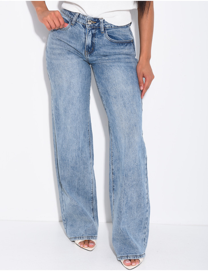 Low-rise, wide-leg faded jeans