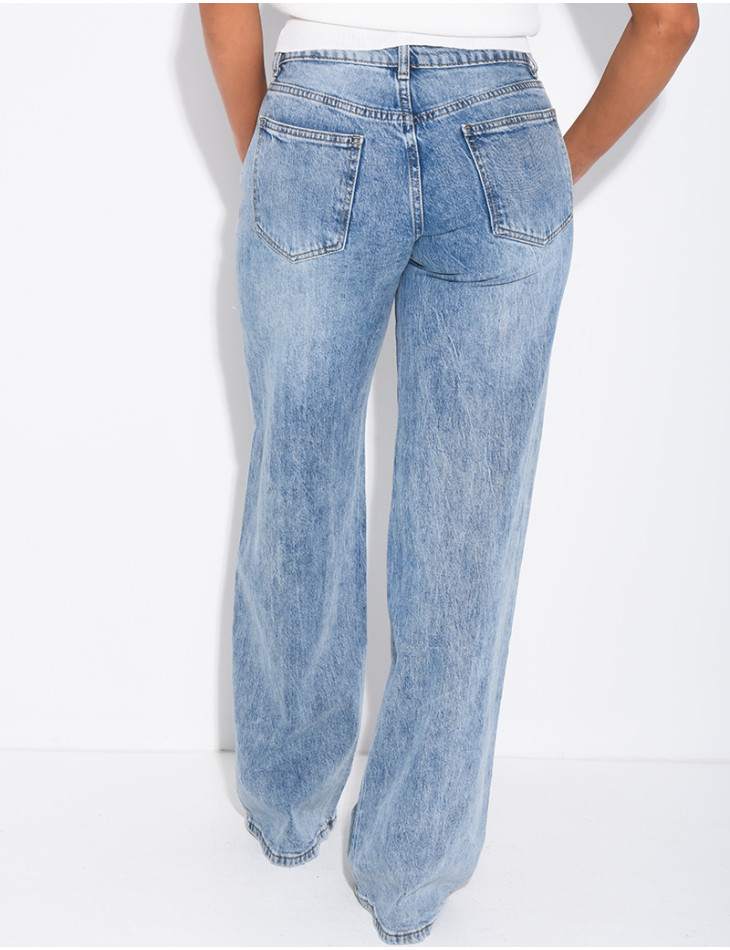 Low-rise, wide-leg faded jeans