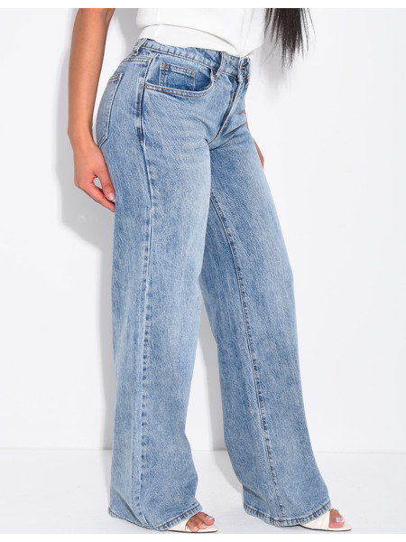 Low-rise, wide-leg faded jeans