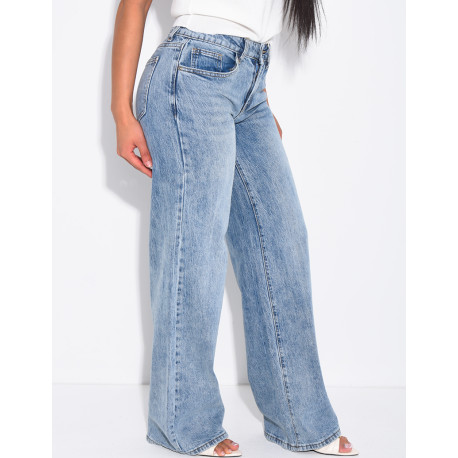 Low-rise, wide-leg faded jeans