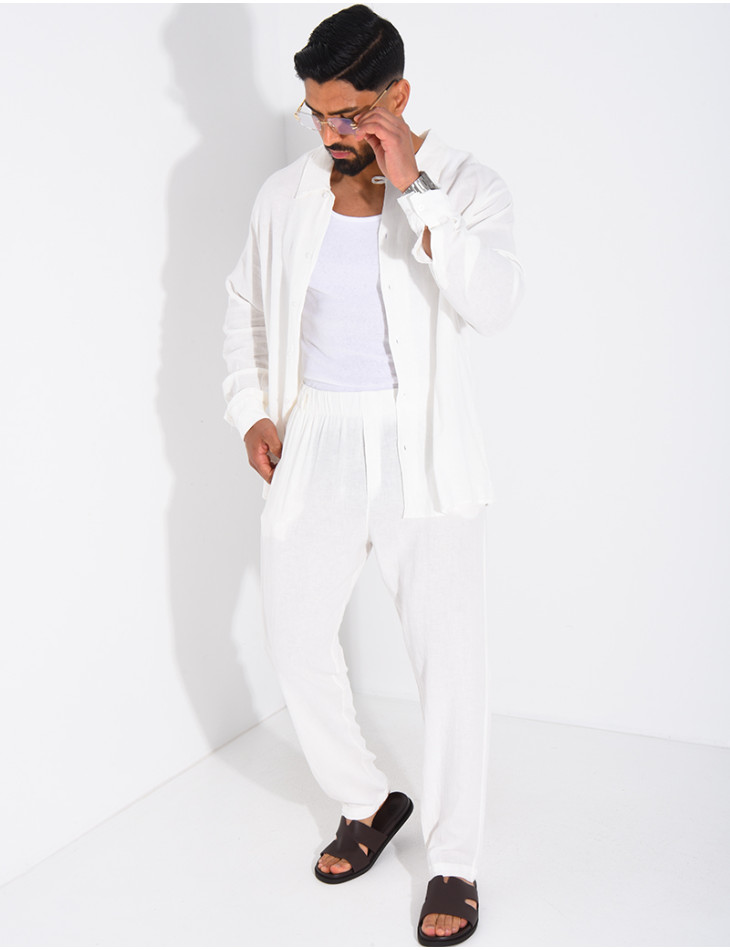 Linen set comprising trousers and a long-sleeved shirt