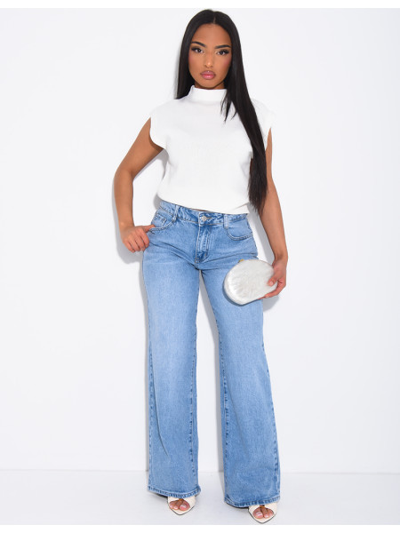 Mid-rise, wide-leg faded jeans
