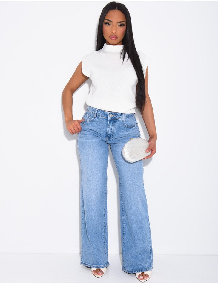 Mid-rise, wide-leg faded jeans