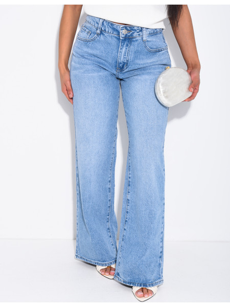 Mid-rise, wide-leg faded jeans