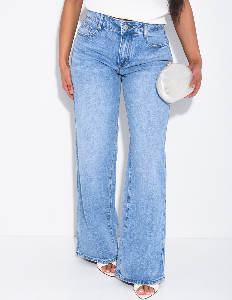 Mid-rise, wide-leg faded jeans