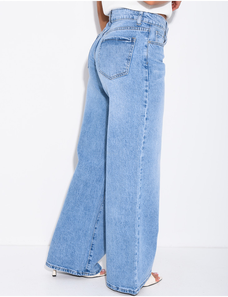 Mid-rise, wide-leg faded jeans
