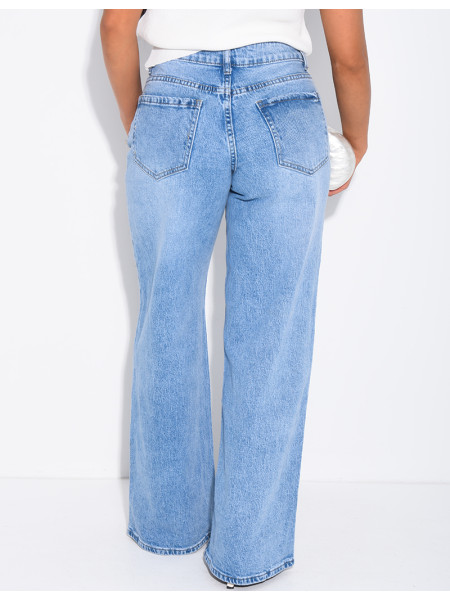 Mid-rise, wide-leg faded jeans