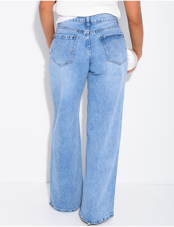 Mid-rise, wide-leg faded jeans