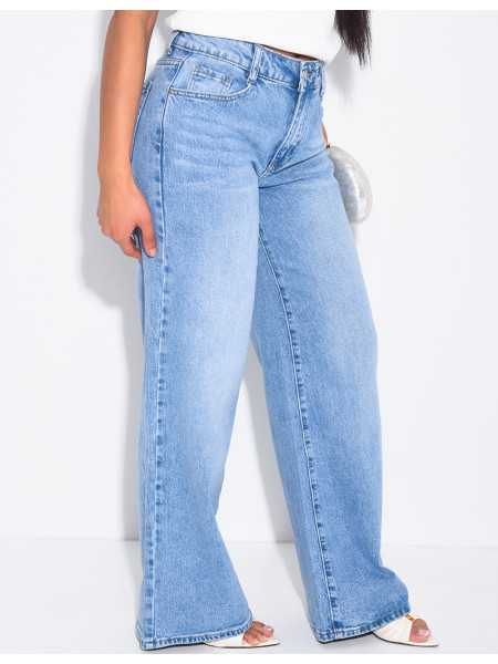 Mid-rise, wide-leg faded jeans
