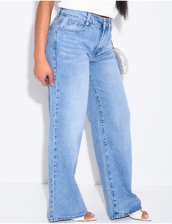 Mid-rise, wide-leg faded jeans