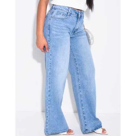 Mid-rise, wide-leg faded jeans