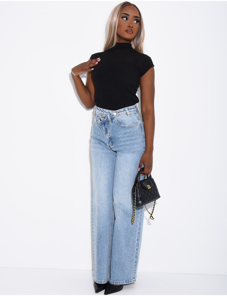 Wide-leg jeans with a double-breasted placket and rhinestones