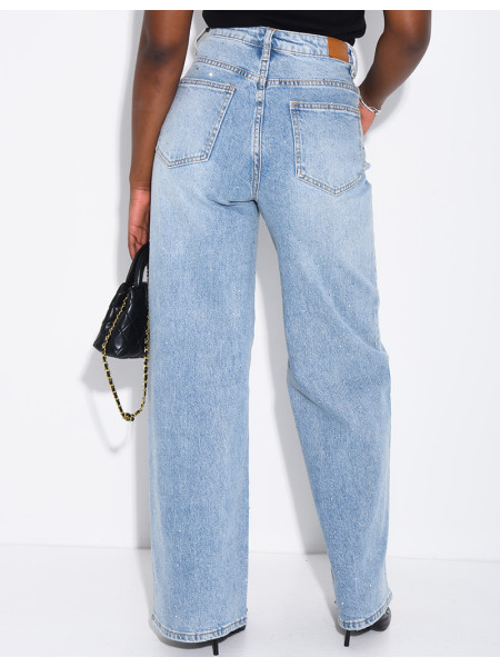 Wide-leg jeans with a double-breasted placket and rhinestones