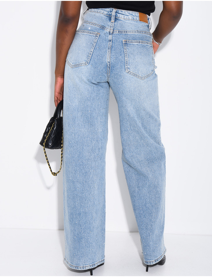 Wide-leg jeans with a double-breasted placket and rhinestones