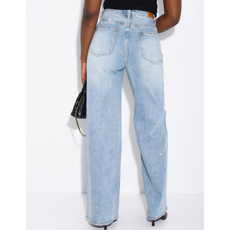 Jeans mit weitem Bein, überkreuzter Knopfleiste und Strasssteinen