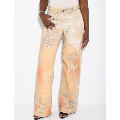 Jeans coupe droite à motifs imprimés dans les tons camel