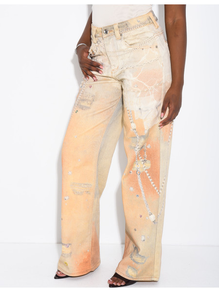 Jeans coupe droite à motifs imprimés dans les tons camel
