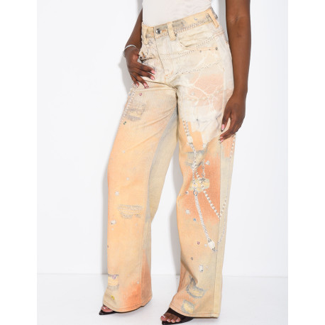 Jeans coupe droite à motifs imprimés dans les tons camel