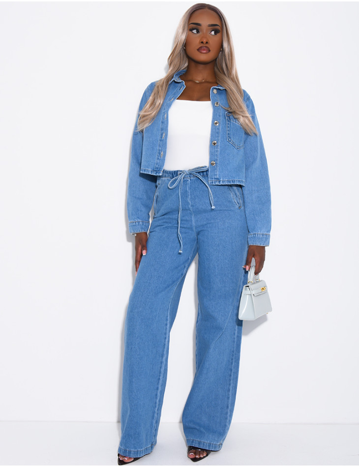 Short denim jacket with slit pockets