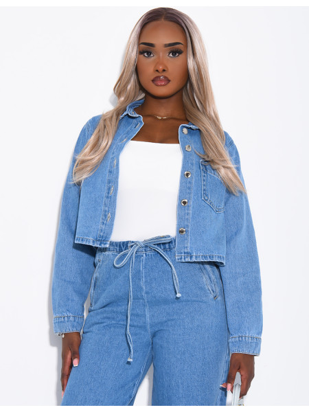 Short denim jacket with slit pockets