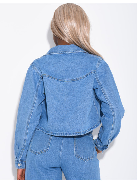 Short denim jacket with slit pockets