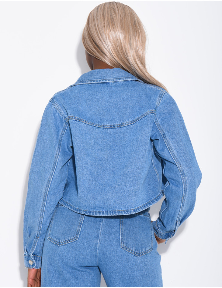 Short denim jacket with slit pockets