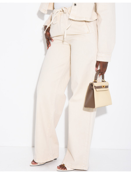 Beigefarbene Jeans mit geradem Schnitt und Gummizug in der Taille