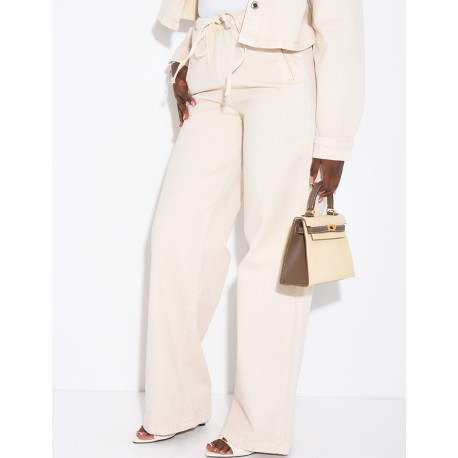 Beigefarbene Jeans mit geradem Schnitt und Gummizug in der Taille