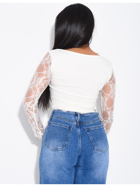 Top mit quadratischem Ausschnitt und Spitzenärmeln