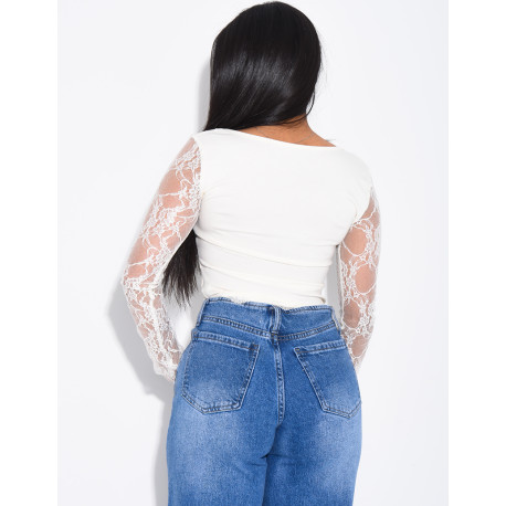 Top mit quadratischem Ausschnitt und Spitzenärmeln