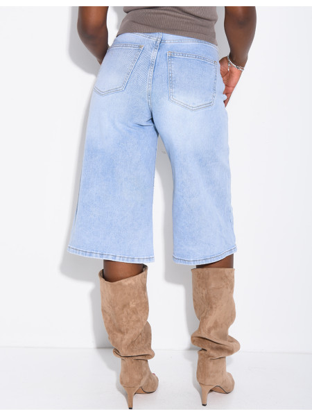 Faded blue stretch denim Bermuda shorts