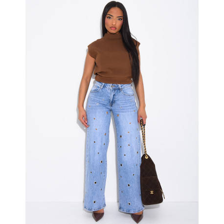 Jeans mit geradem Schnitt und hoher Taille sowie Ösen