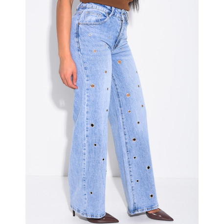 Jeans mit geradem Schnitt und hoher Taille sowie Ösen