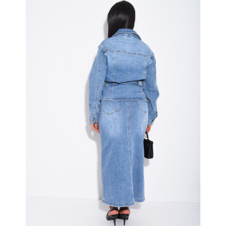 Jeans-Set aus langem Rock und Jacke mit Gürtel