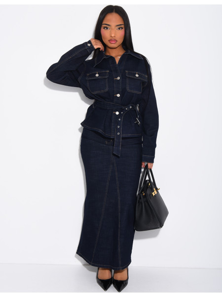 Denim set featuring a long skirt and a belted jacket