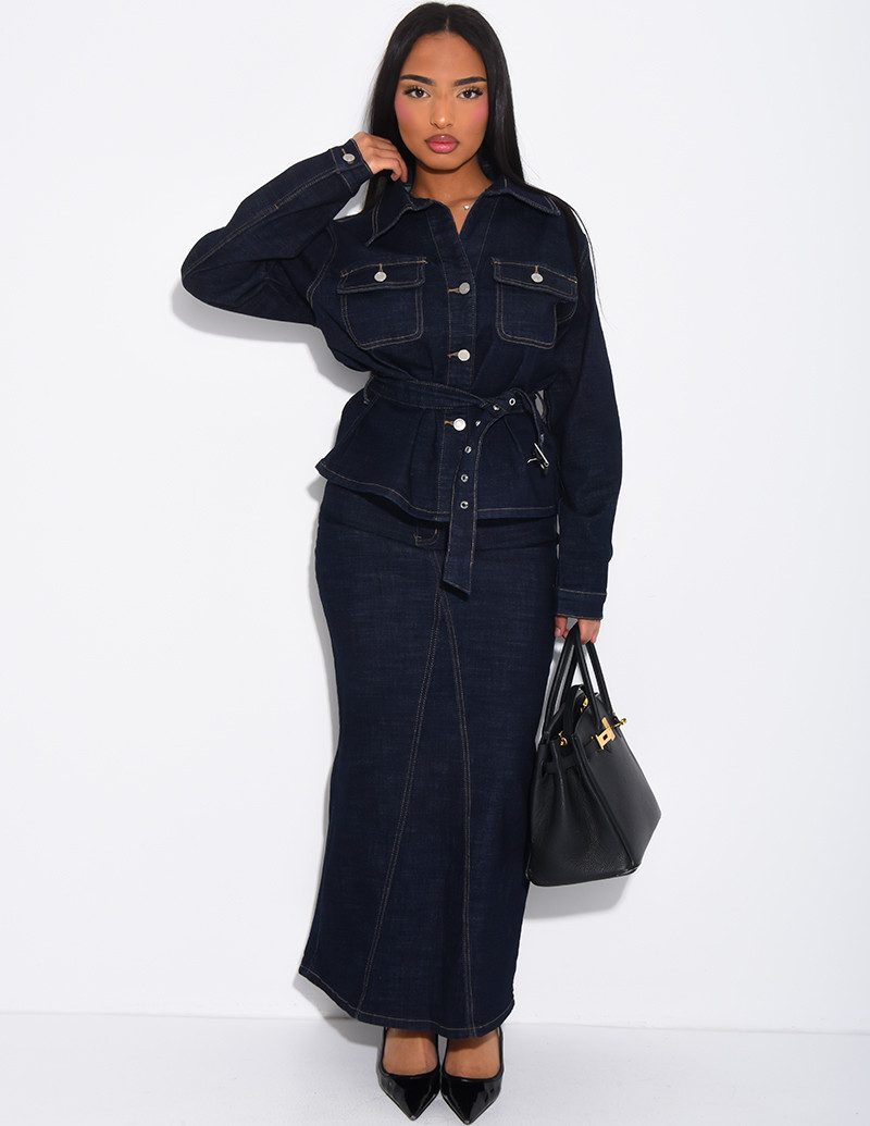 Denim set featuring a long...
