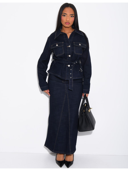 Denim set featuring a long skirt and a belted jacket