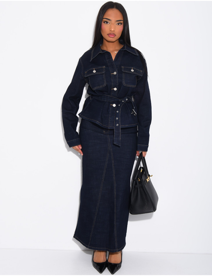 Denim set featuring a long skirt and a belted jacket