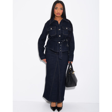 Denim set featuring a long skirt and a belted jacket