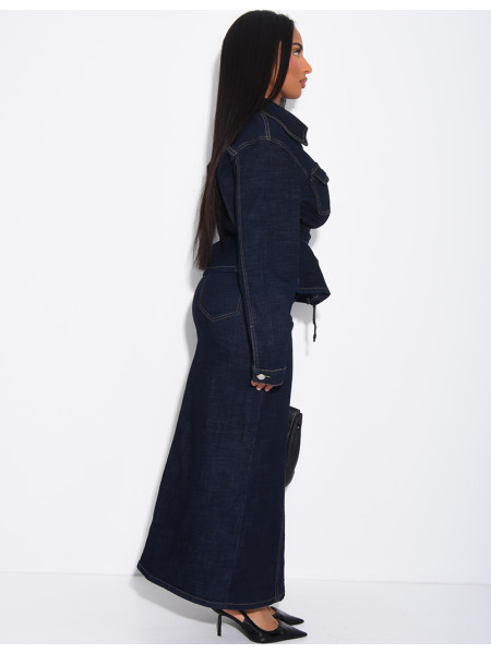 Denim set featuring a long skirt and a belted jacket